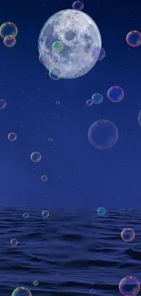 Serene night scene with moon, ocean, and bubbles.