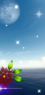 Mobile wallpaper featuring moonlit ocean and red flower under clear sky.