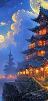 Moonlit pagoda beside a river under a starry sky, glowing with warm lights.