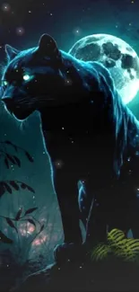 Panther stands under moonlight in a forest, exuding mystery and beauty.