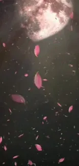 Moonlit cherry petals falling against a dark night sky wallpaper.