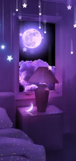 Purple room with moonlit view and glowing stars in a serene setting.