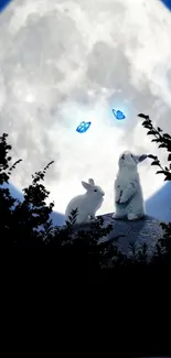 Two rabbits sit under a full moon with butterflies, silhouetted by dark trees.