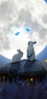 Two rabbits rest on a rock under a bright moon, with butterflies fluttering by.