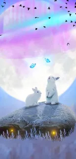 Enchanted night with rabbits and butterflies under a purple moon.