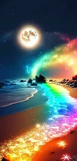 Moonlit beach with colorful rainbow reflection on sand.