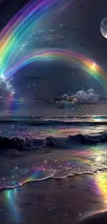 Moonlit beach with rainbow reflection.