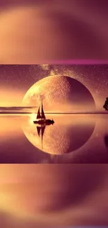 Serene sailboat with moonlit reflection and amber sky.