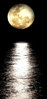 Golden moon reflecting over nighttime ocean surface.