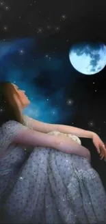 Woman gazing at a full moon in a calm, starry night scene.