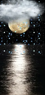 Wallpaper of a glowing moon reflecting over a starry night water surface.