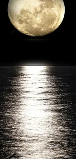 A full moon reflecting over the calm ocean on a clear night.