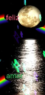 Moon's reflection with rainbows arching across a dark serene night.