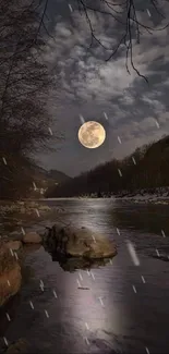 Moonlit river at night with full moon and serene reflections.