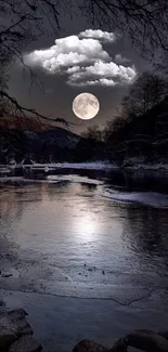 Moonlit river with clouds and full moon in a tranquil night scene.