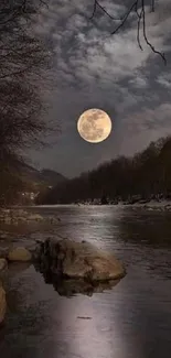 Moonlit river with cloudy night sky and serene landscape.