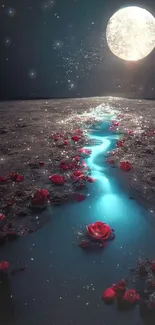 Moonlit river with red roses and a glowing moon.