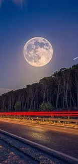 Moonlit road with forest under a full moon in the night sky.