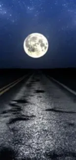 Moonlit road under a starlit night sky with a full moon.