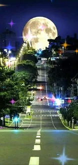 Moonlit city road under a glowing night sky.