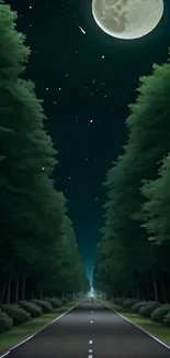 Moonlit road through a forest under the starry sky at night.