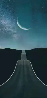 Moonlit road under a starry night sky with crescent moon