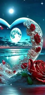 Moonlit heart scene with roses over ocean reflections.