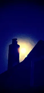 Silhouetted roof and chimney under a glowing moon on a deep blue night sky.