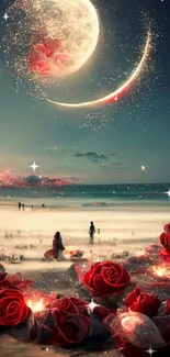 Fantasy beach with moon and red roses at night.