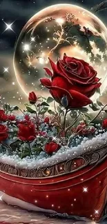 Red roses in a boat under a full moonlit sky.