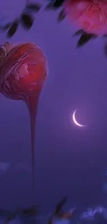 Surreal moonlit rose dripping with purple night sky backdrop.