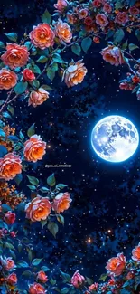 Moonlit garden with roses and a full moon.