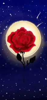 Moonlit night wallpaper with red rose and starry sky.