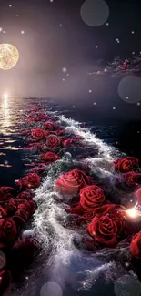 Moonlit ocean path adorned with red roses under a bright full moon.