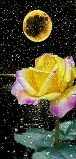 Yellow rose under a full moon with water reflection, creating a serene ambiance.