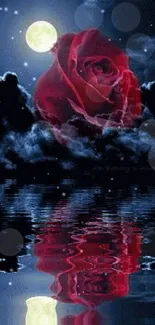 Moonlit scene with red rose reflected on calm water.