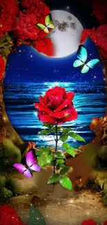 Moonlit roses and butterflies with ocean in background.