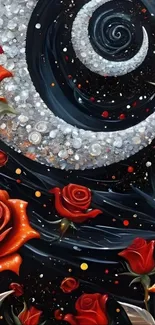 Fantasy wallpaper with moon, stars, and red roses.