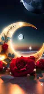 Glowing crescent moon with red roses on a beach under a starry sky.