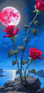 Fantasy moonlit scene with red roses and a tranquil sea.