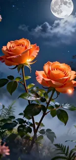 Orange roses bloom under a moonlit night sky with a full moon.