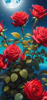 A cluster of red roses under a glowing moonlit night sky.