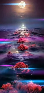 Moonlit ocean with floating roses.