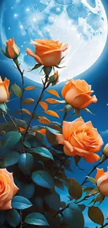 Orange roses under a full moon night sky.