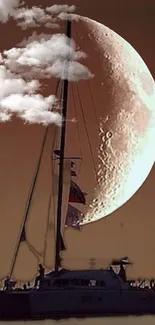 Silhouetted sailboat against a brown sky with a large moon and fluffy clouds.