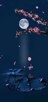 Sakura branch reflecting under full moon on a calm night.