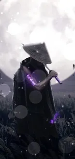 Samurai standing in a moonlit field with glowing accents, creating a mystical ambiance.