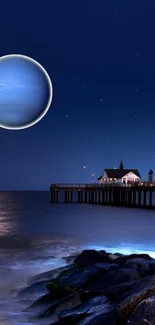 Moonlit pier scene with celestial body over sea.