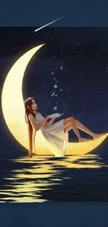 Woman sitting on crescent moon in starlit sky wallpaper.