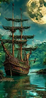 Sailing ship under full moon in jungle setting.